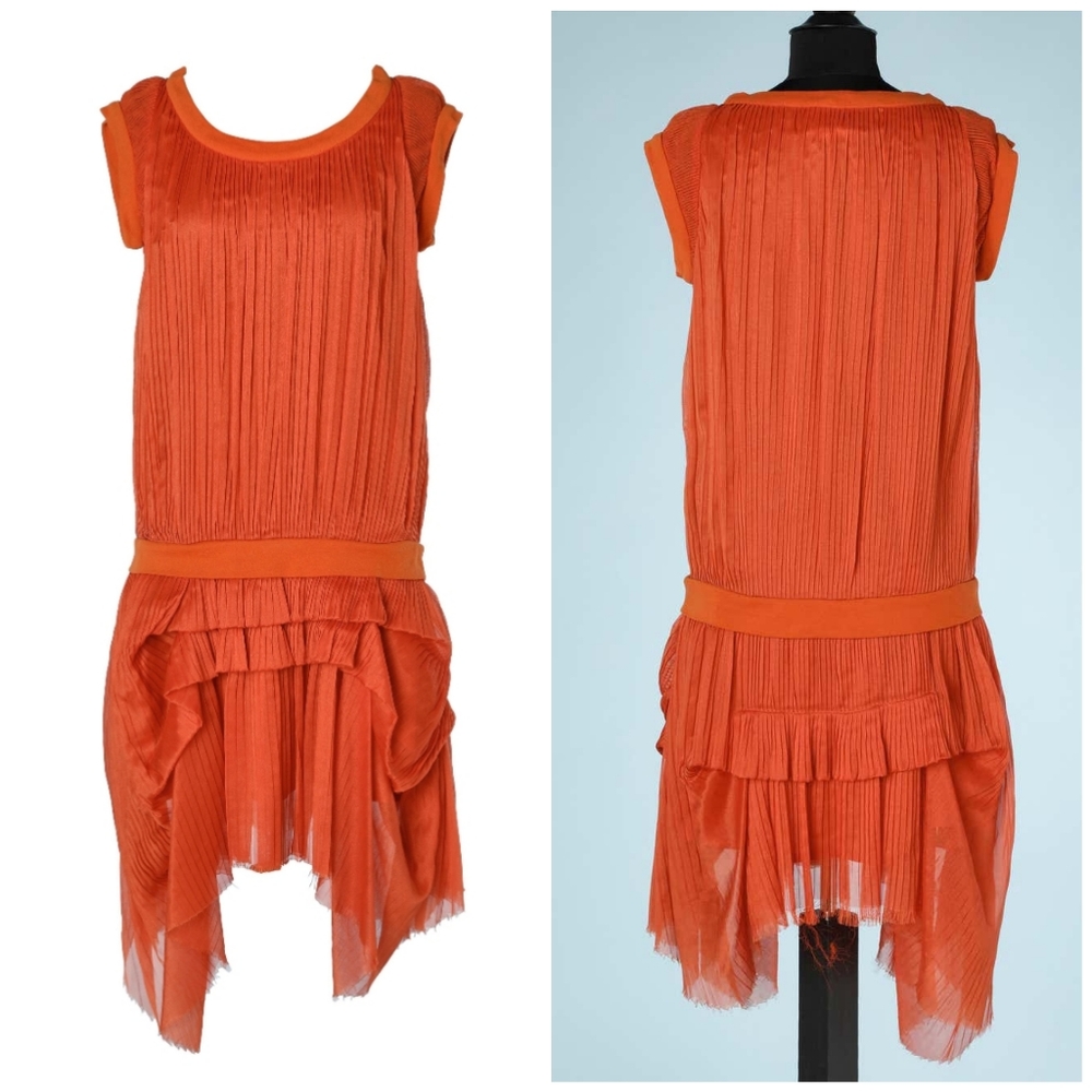 Chloé Orange Draped Ruffled Hem Pleated Dress - Picture 6 of 11